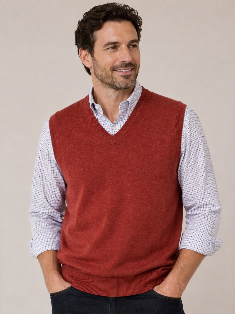 a Haley Signature Men's V-Neck Sweater Vest in heathered rust/salmon